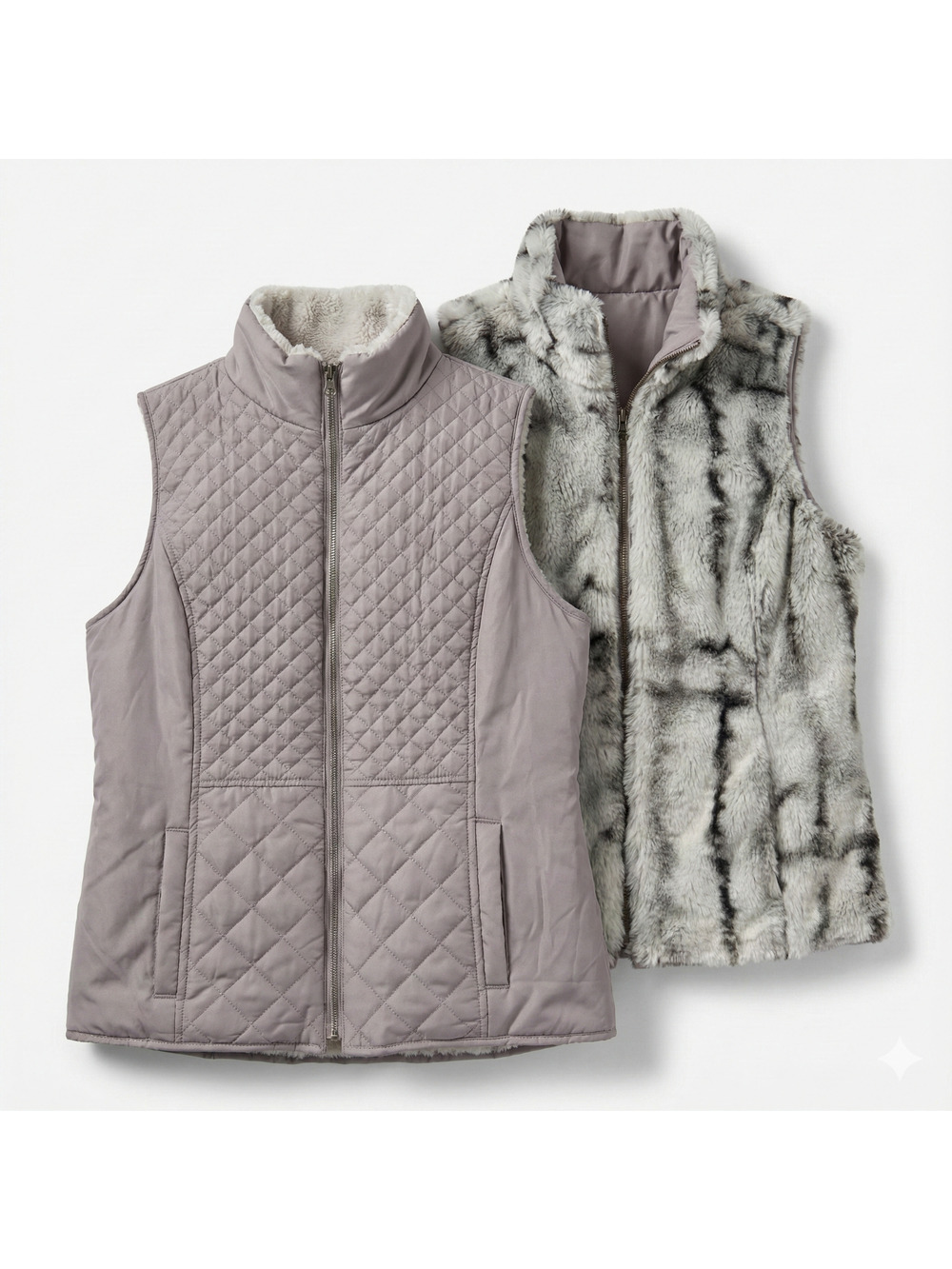 Reversable Faux Fur Vest Womens Medium Gray Black Winter Fall Layer Elevated